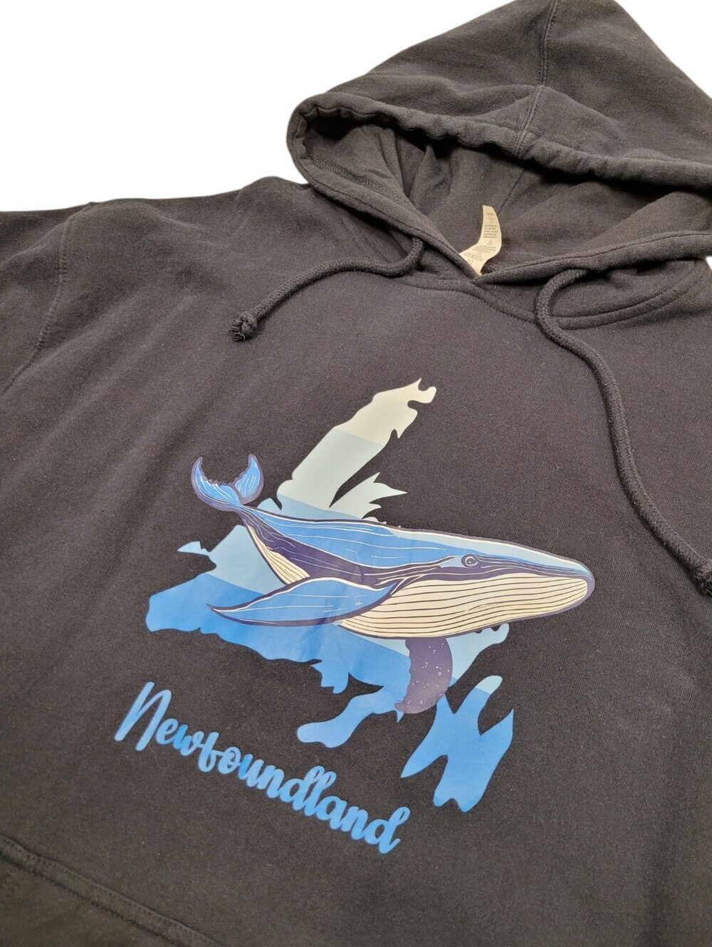 Y2K Newfoundland Whale Graphic Navy Blue Hoodie Top Size: XL
